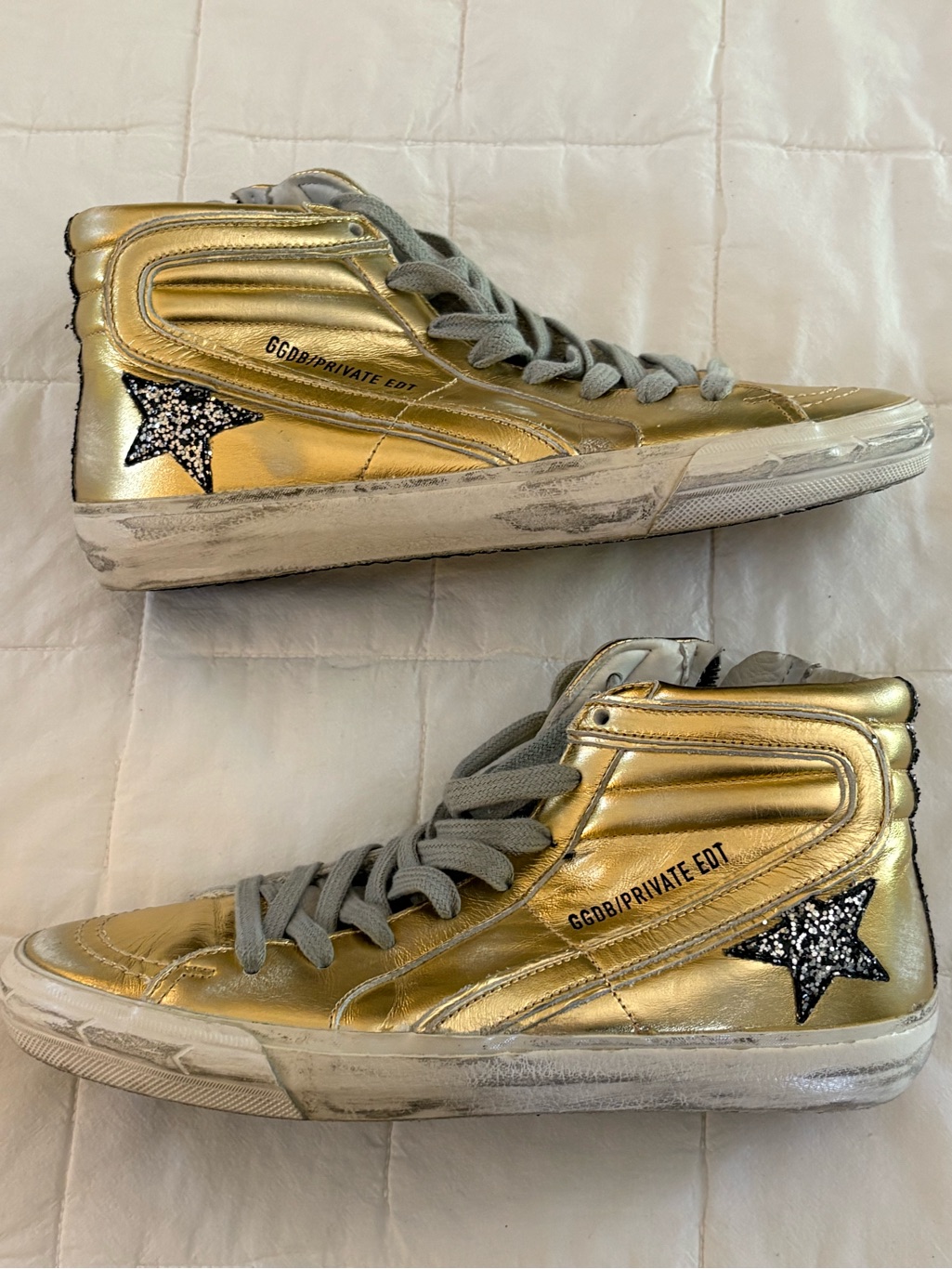 Golden Goose High-Top Sneakers In Gold/Merallic With Glitter Star